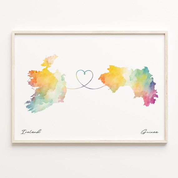 Ireland to Guinea Watercolor Map Heart Connection Love Poster