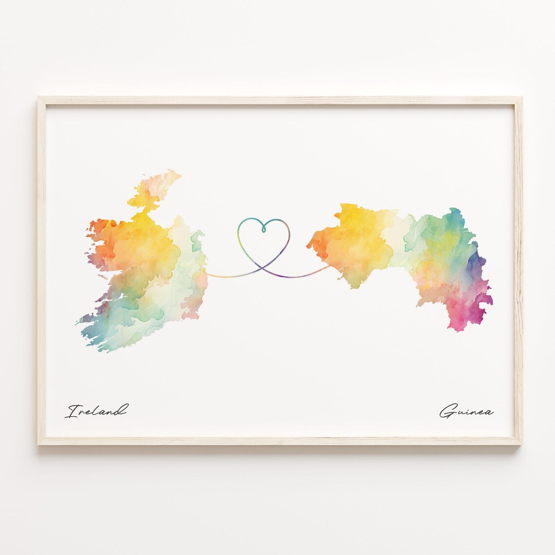 Ireland to Guinea Watercolor Map Heart Connection Love Poster
