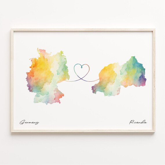 Germany To Rwanda Long Distance Love Heart Connection Map Poster