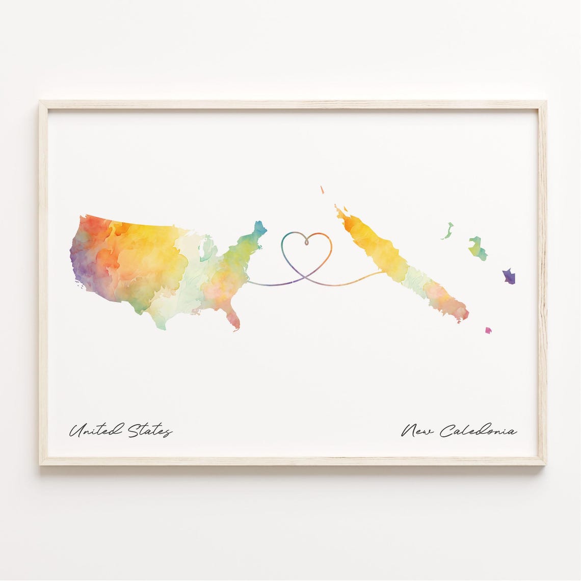 United States To New Caledonia Watercolor Heart Connection Map Poster