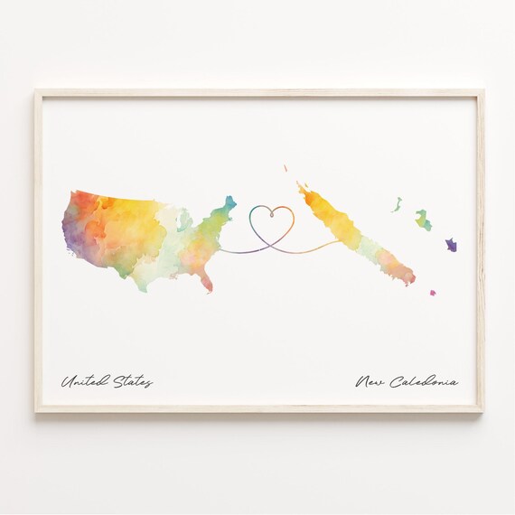 United States To New Caledonia Watercolor Heart Connection Map Poster