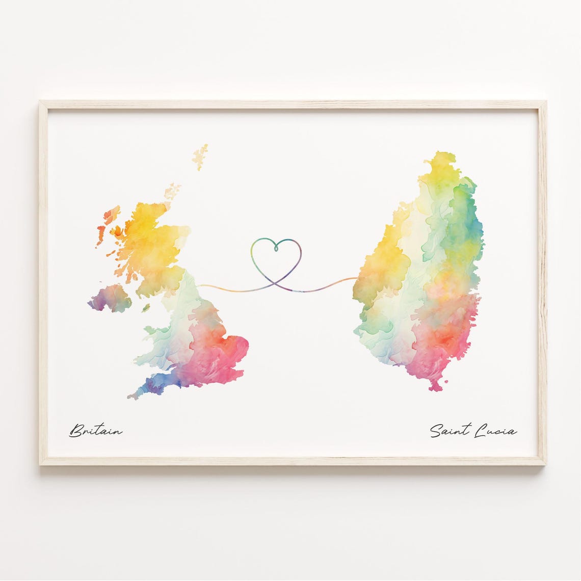 Britain to Saint Lucia Romantic Watercolor Map Heart Connection Poster