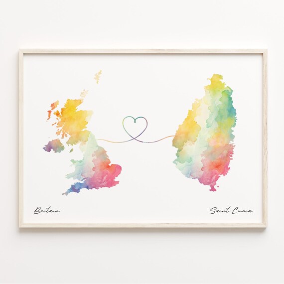 Britain to Saint Lucia Romantic Watercolor Map Heart Connection Poster
