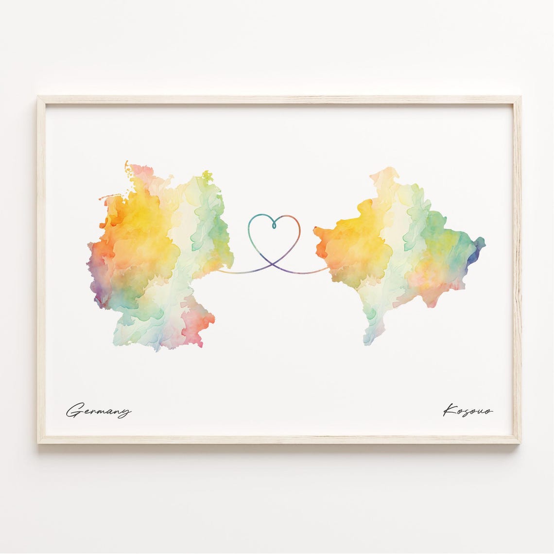 Germany To Kosovo Heart Loop Watercolor Map Couples Gift Poster