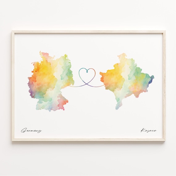 Germany To Kosovo Heart Loop Watercolor Map Couples Gift Poster
