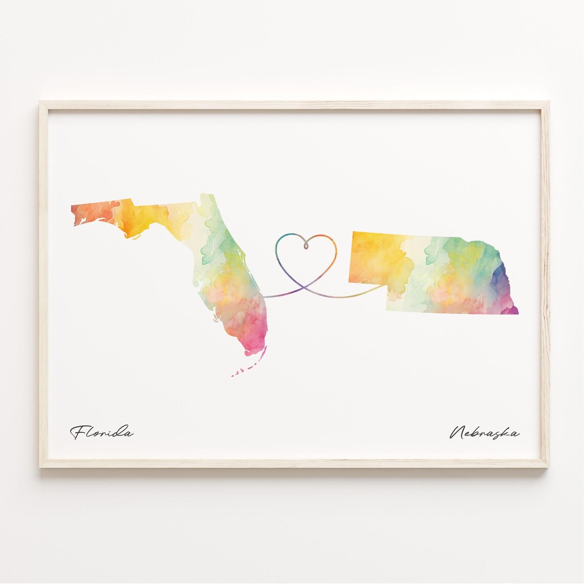Florida to Nebraska Watercolor State Map Heart Love Connection Poster