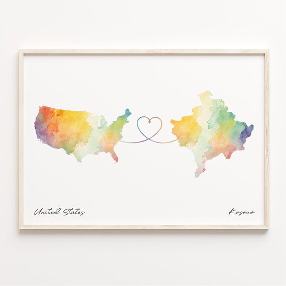 United States to Kosovo Watercolor Map Heart Connection Poster