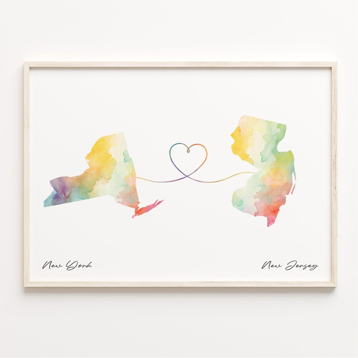 New York to New Jersey Watercolor Map Heart Connection Wall Art Gift
