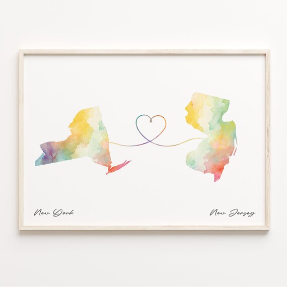 New York to New Jersey Watercolor Map Heart Connection Wall Art Gift
