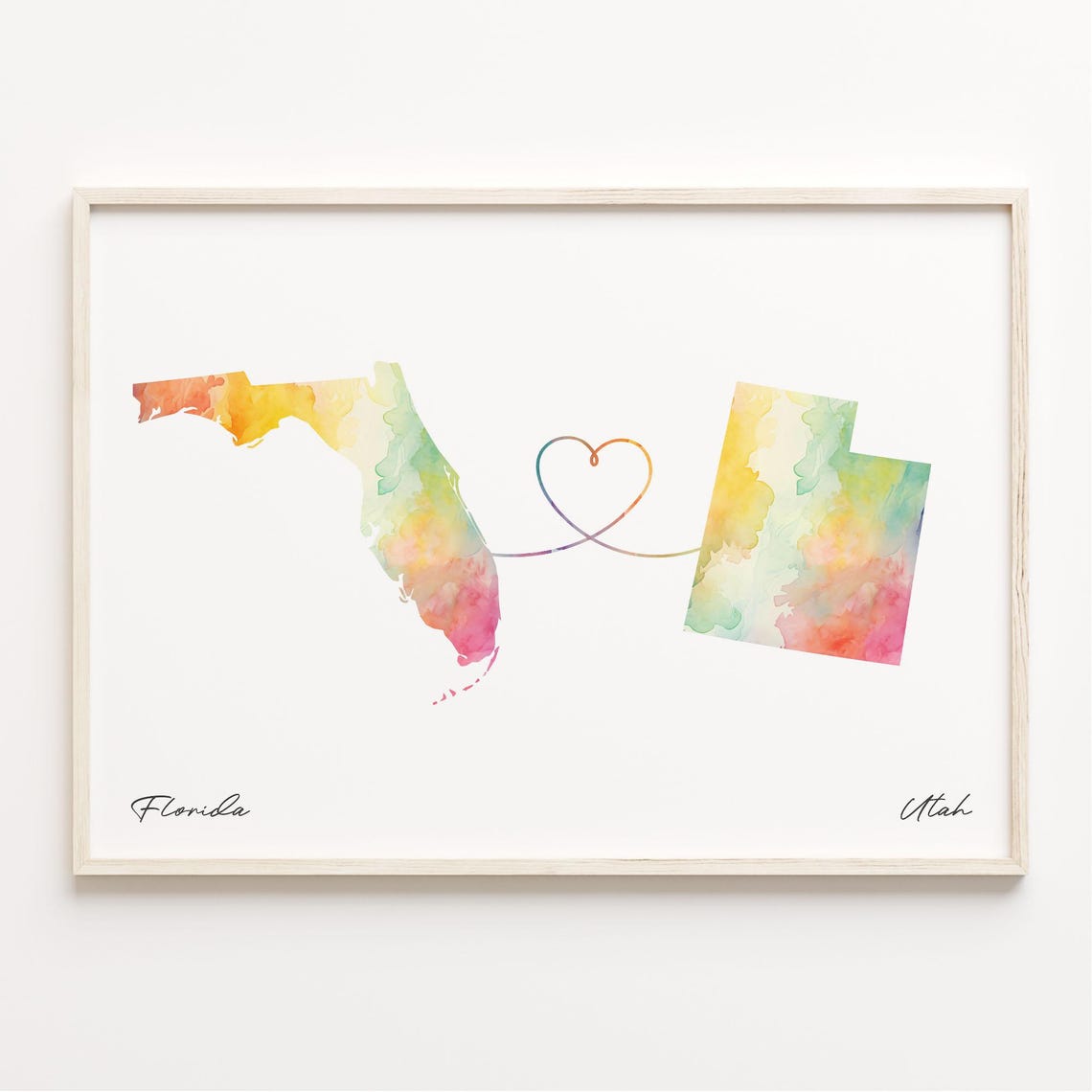 Florida and Utah Watercolor Map Heart Long Distance Gift Print