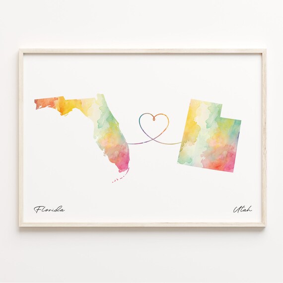 Florida and Utah Watercolor Map Heart Long Distance Gift Print