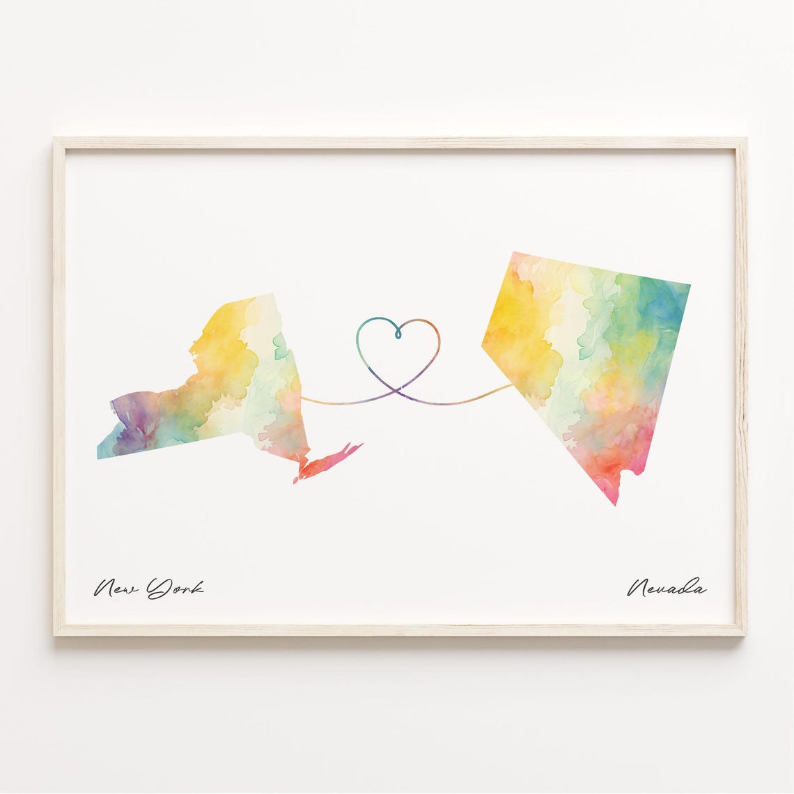 New York to Nevada Watercolor Heart Map Long Distance Gift Poster