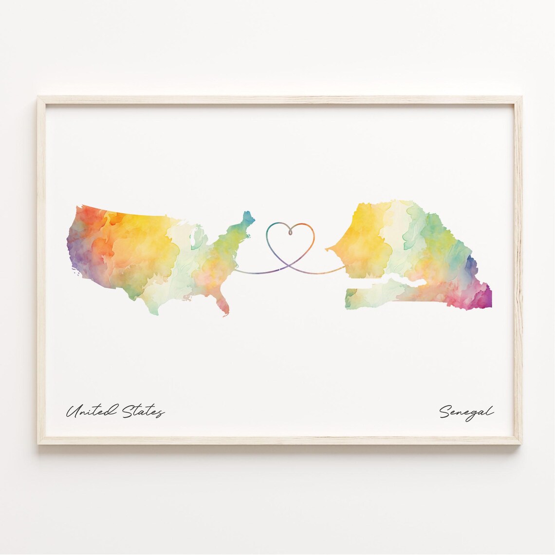 United States To Senegal Watercolor Map Wall Poster With Heart Love Gift