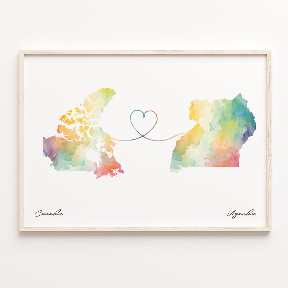 Canada To Uganda Watercolor Heart Map Long Distance Love Poster