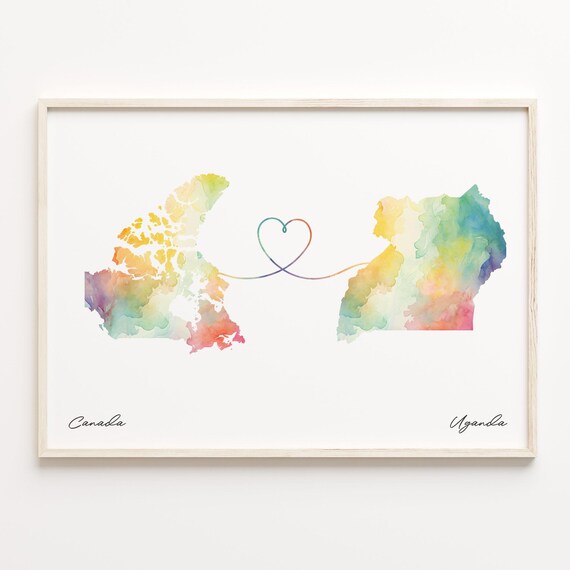 Canada To Uganda Watercolor Heart Map Long Distance Love Poster