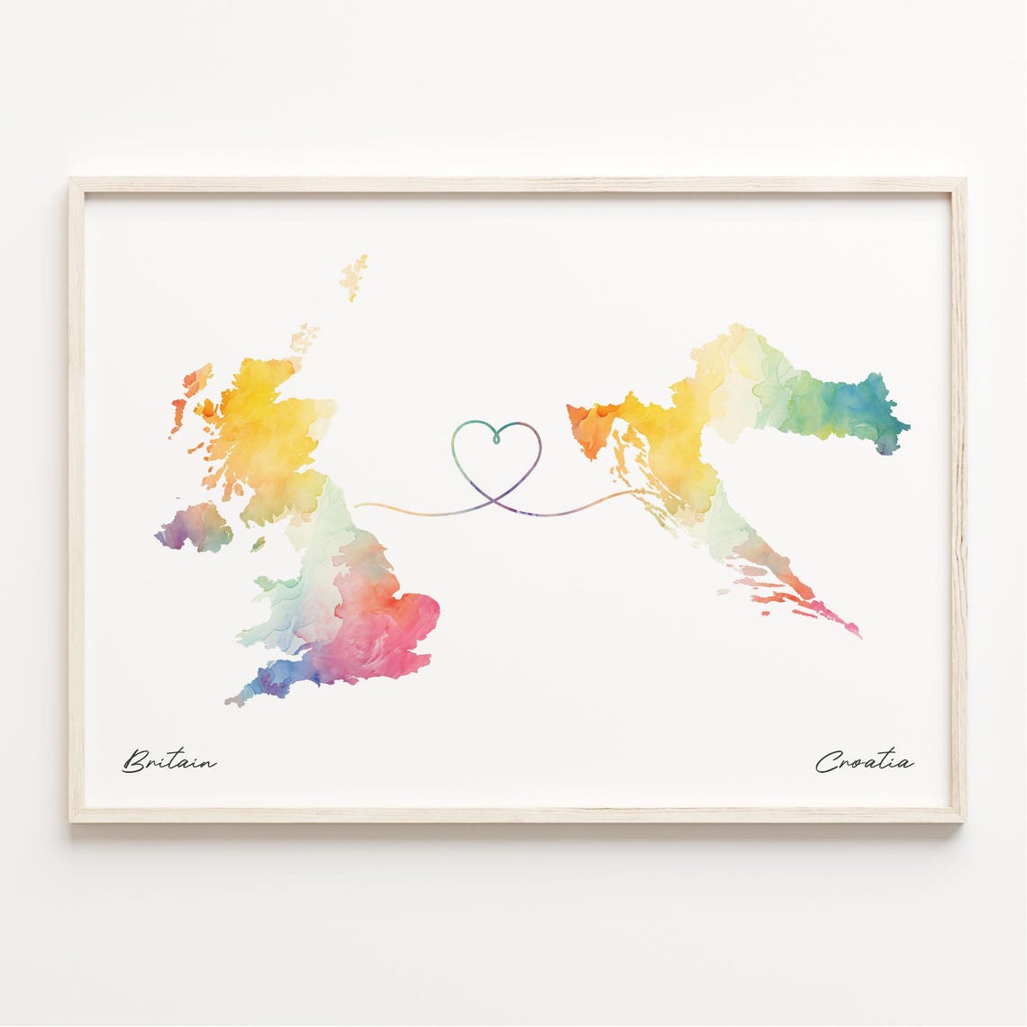 Britain To Croatia Watercolor Map Heart Connection Love Poster