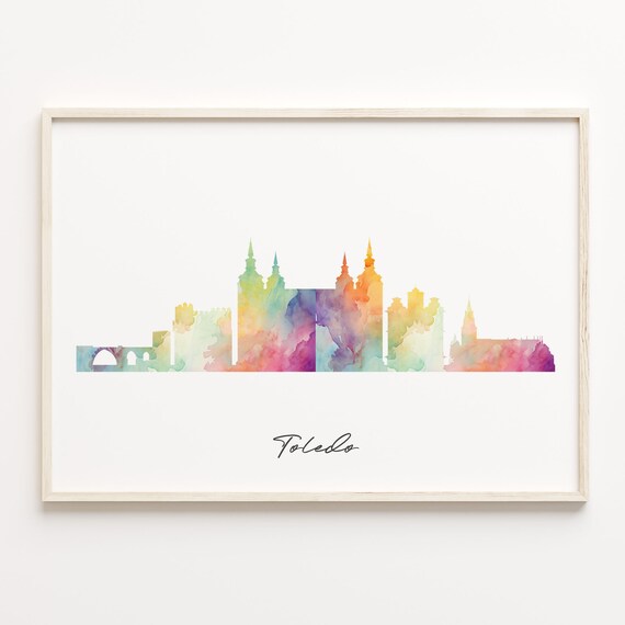 Toledo Spain Colorful Watercolor Skyline Cityscape Travel Poster