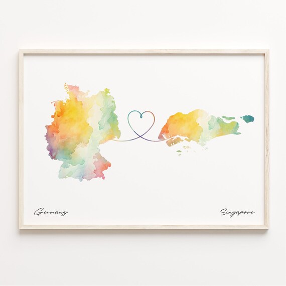 Germany To Singapore Heart Loop Watercolor Map Couples Gift Poster