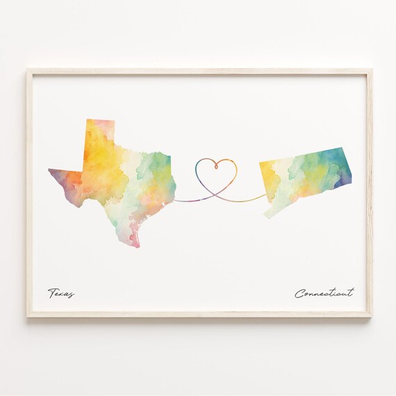 Texas To Connecticut Long Distance Watercolor Heart Map Poster