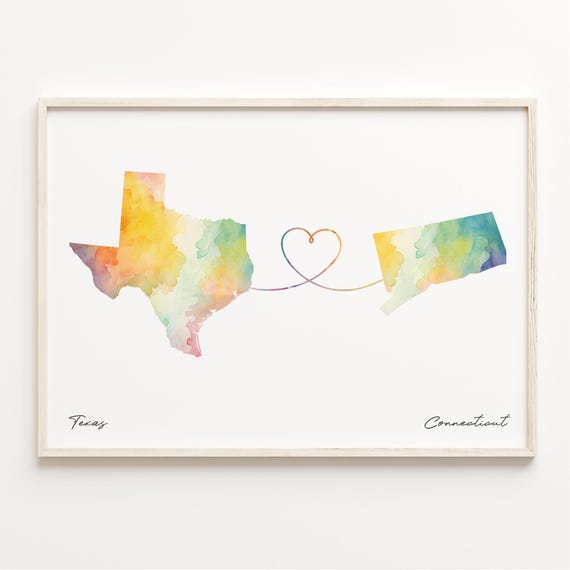 Texas To Connecticut Print Watercolor Map Poster Connecticuter Gift Travel Wall Art Goodbye C231253