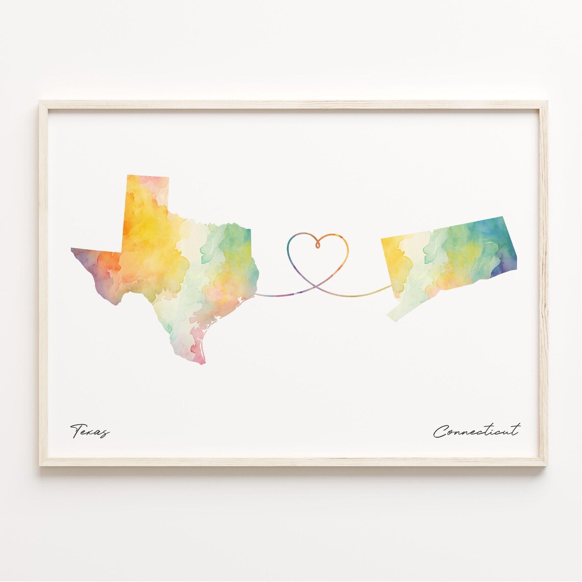 Texas To Connecticut Long Distance Watercolor Heart Map Poster
