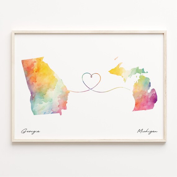 Georgia to Michigan Watercolor Map Heart Long Distance Gift Poster
