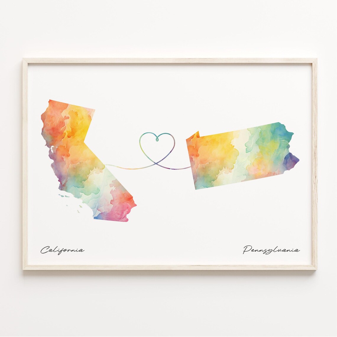 California to Pennsylvania Watercolor Map Heart Print Long Distance Love