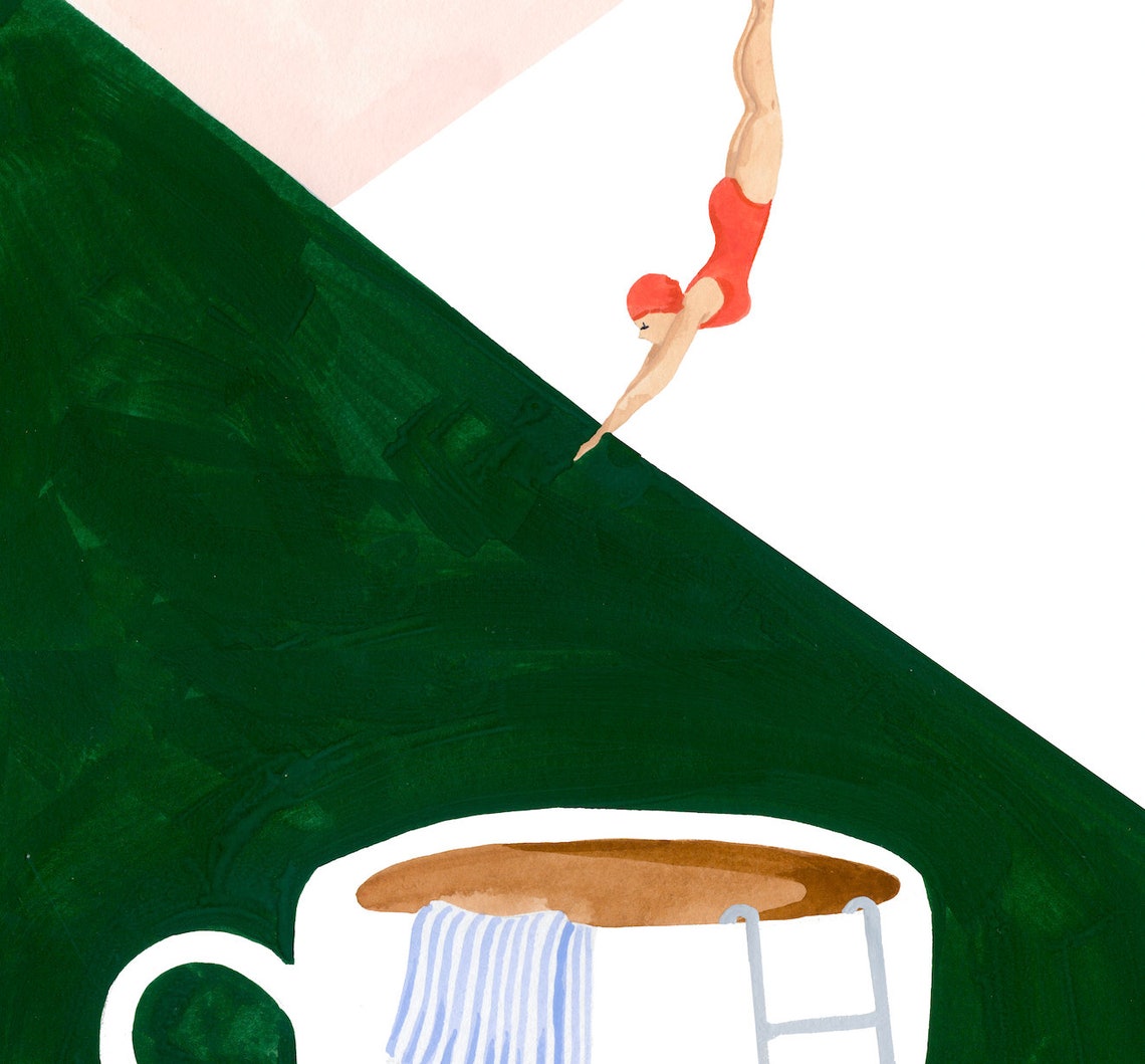 Good Morning Coffee Cup Retro Diver Surreal Kitchen Watercolor Poster - Image 4