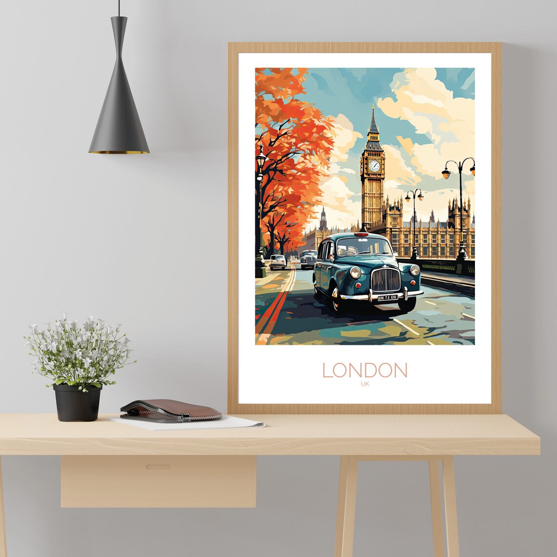 London Big Ben Vintage Classic Taxi Autumn Trees Street Scene Poster - Image 3
