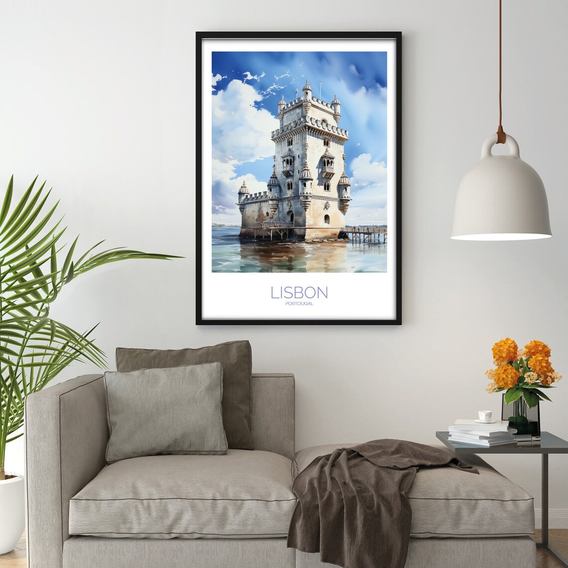 Lisbon Portugal Belem Tower Watercolor River View Cloudy Poster - Image 3