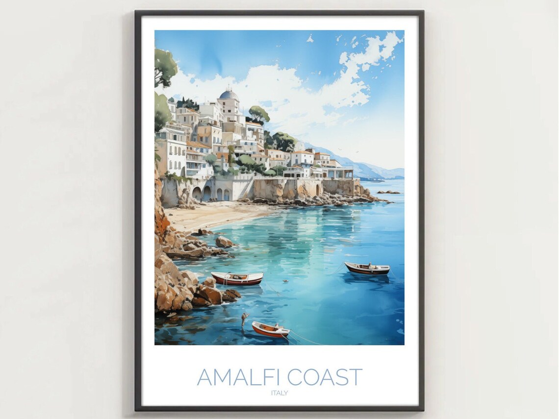 Amalfi Coast Watercolor Seaside Village Boats Italy Travel Poster