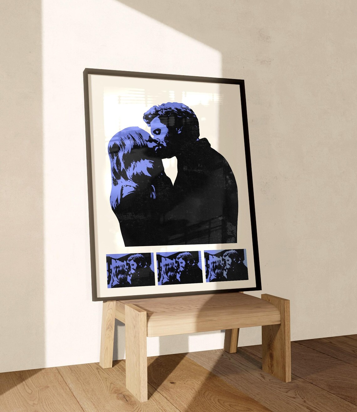 Blue Black Kiss Silhouette Couple Retro Movie Style Art Poster