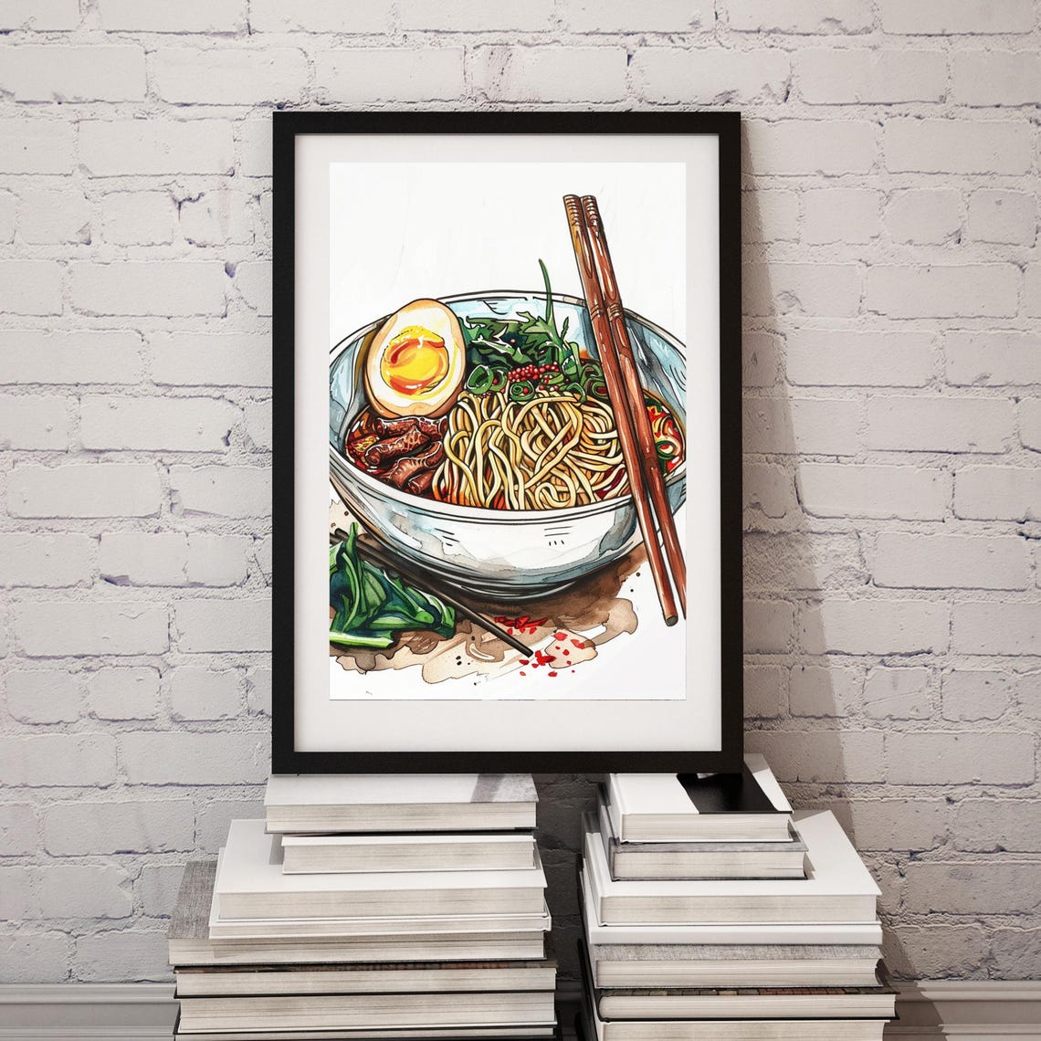 Japanese Ramen Bowl Watercolor Illustration with Chopsticks Poster