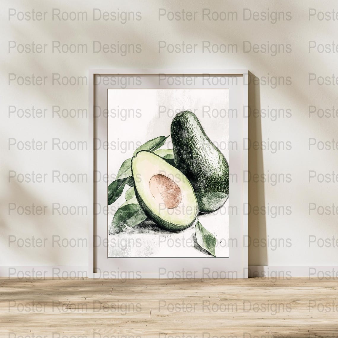 Soft Watercolor Avocado Still Life Painting with Pit and Leaves Poster - Image 2