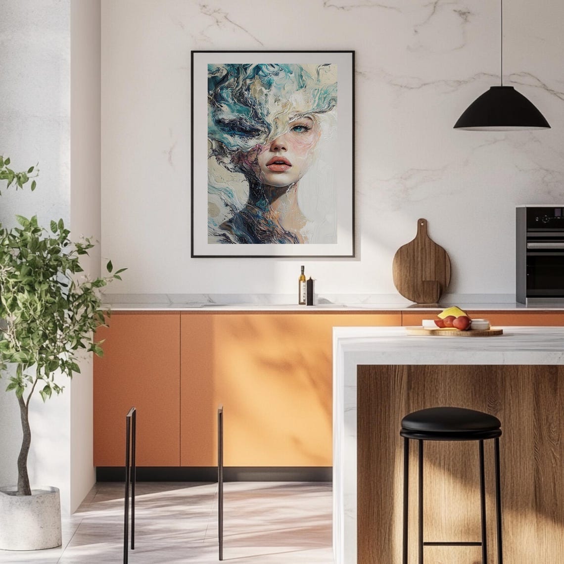 Surreal Woman Portrait with Blue and Teal Marble Waves Poster - Image 3
