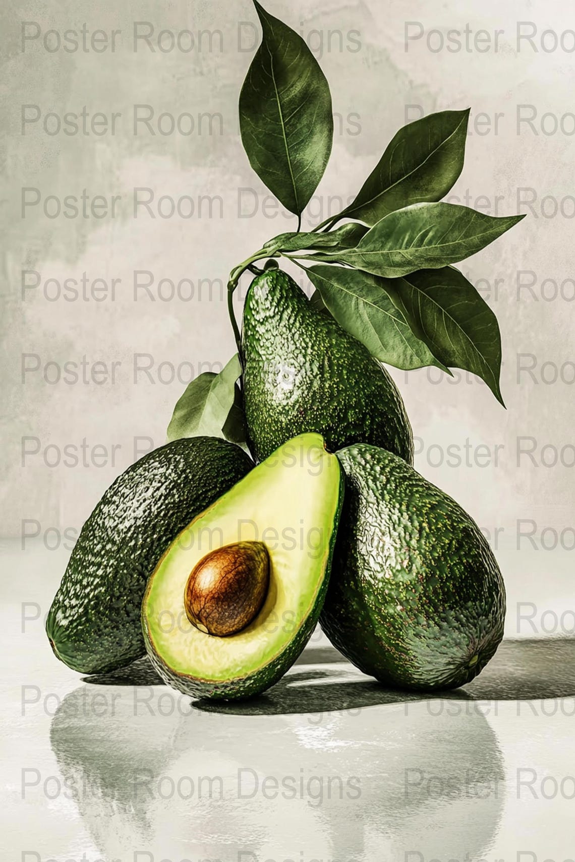 Avocado Trio Art Photography Poster with Leafy Green Branches - Image 3