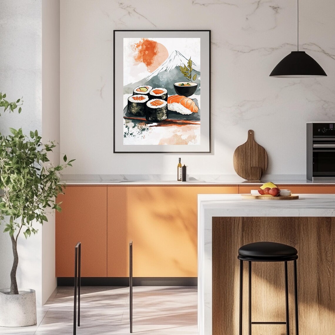 Sushi Watercolor With Mount Fuji Rising Sun Kitchen Art Poster - Image 2