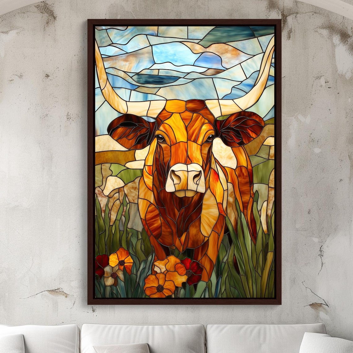 Texas Longhorn In Glowing Stained Glass Western Cattle Poster