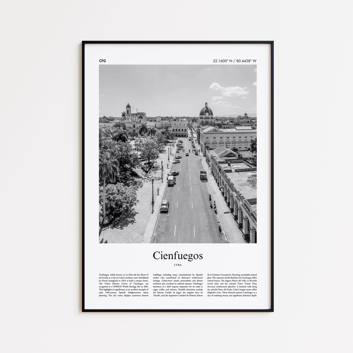 Cienfuegos Cuba Colonial City Black and White Photo Travel Poster