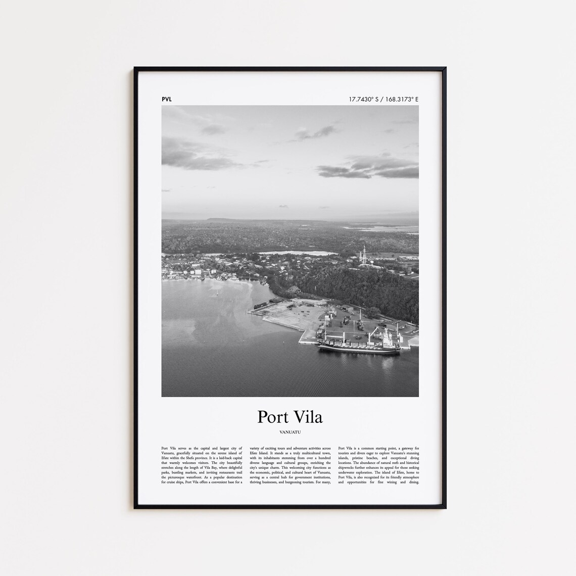 Port Vila Harbor Aerial View Black and White Vanuatu Travel Poster
