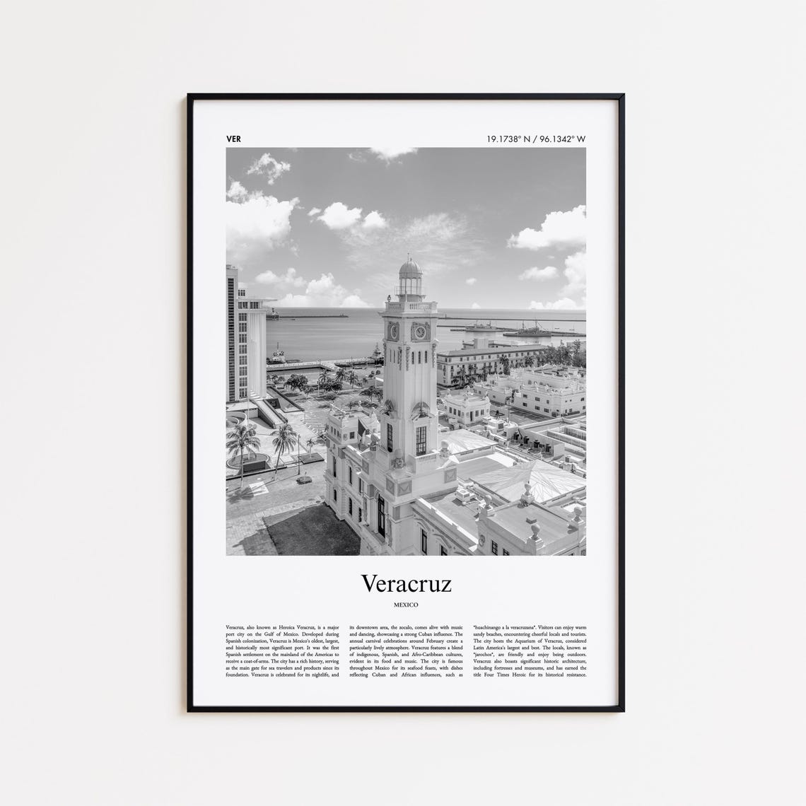 Veracruz Mexico Lighthouse Clock Tower Black and White Travel Poster