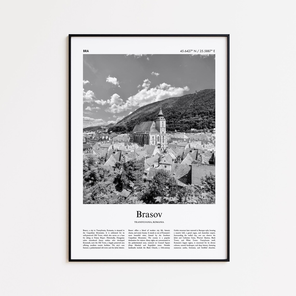 Brasov Transylvania Romania Black and White Old Town Photo Poster