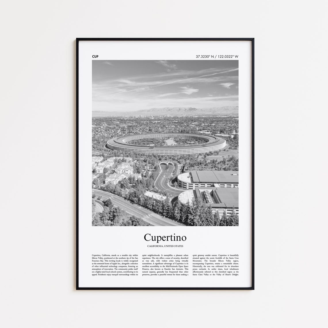 Cupertino California Black and White Aerial Tech Campus Poster