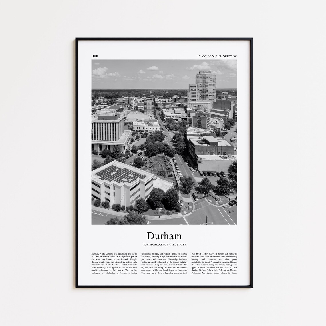 Durham North Carolina Black and White Travel Poster Aerial City Photo