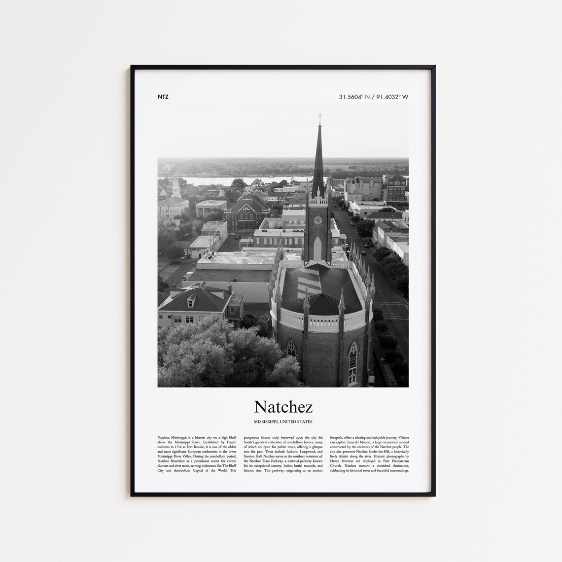Natchez Mississippi Black and White Church Steeple Photo Poster