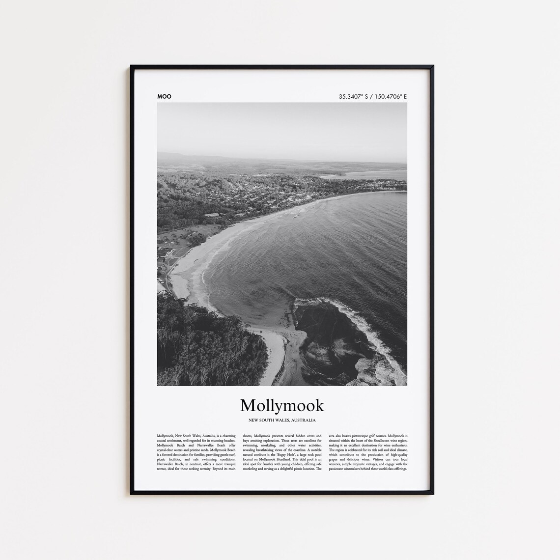 Mollymook Beach Aerial Black and White Coastal Travel Photo Poster