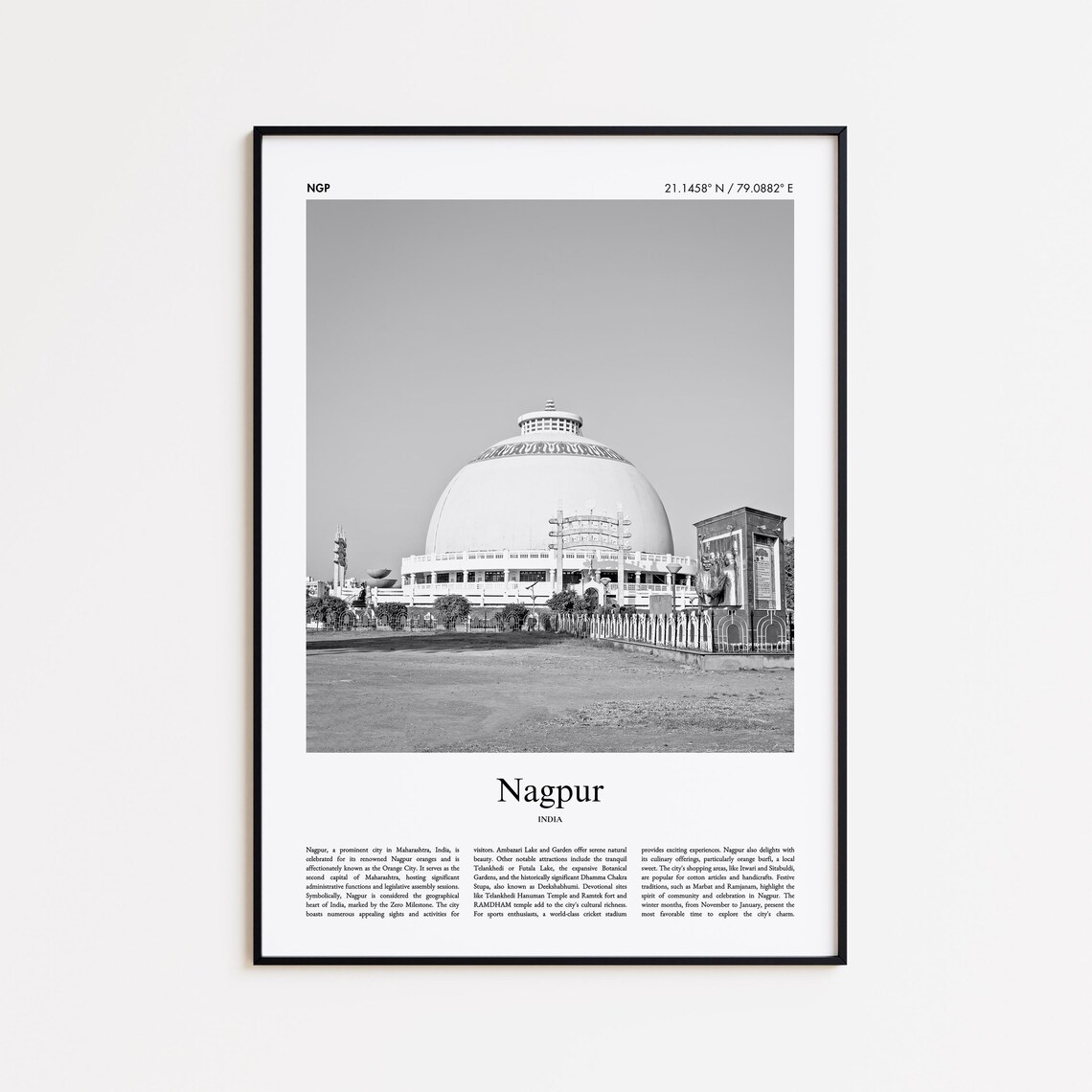 Nagpur India Black And White Travel Photography Poster Stupa Monument