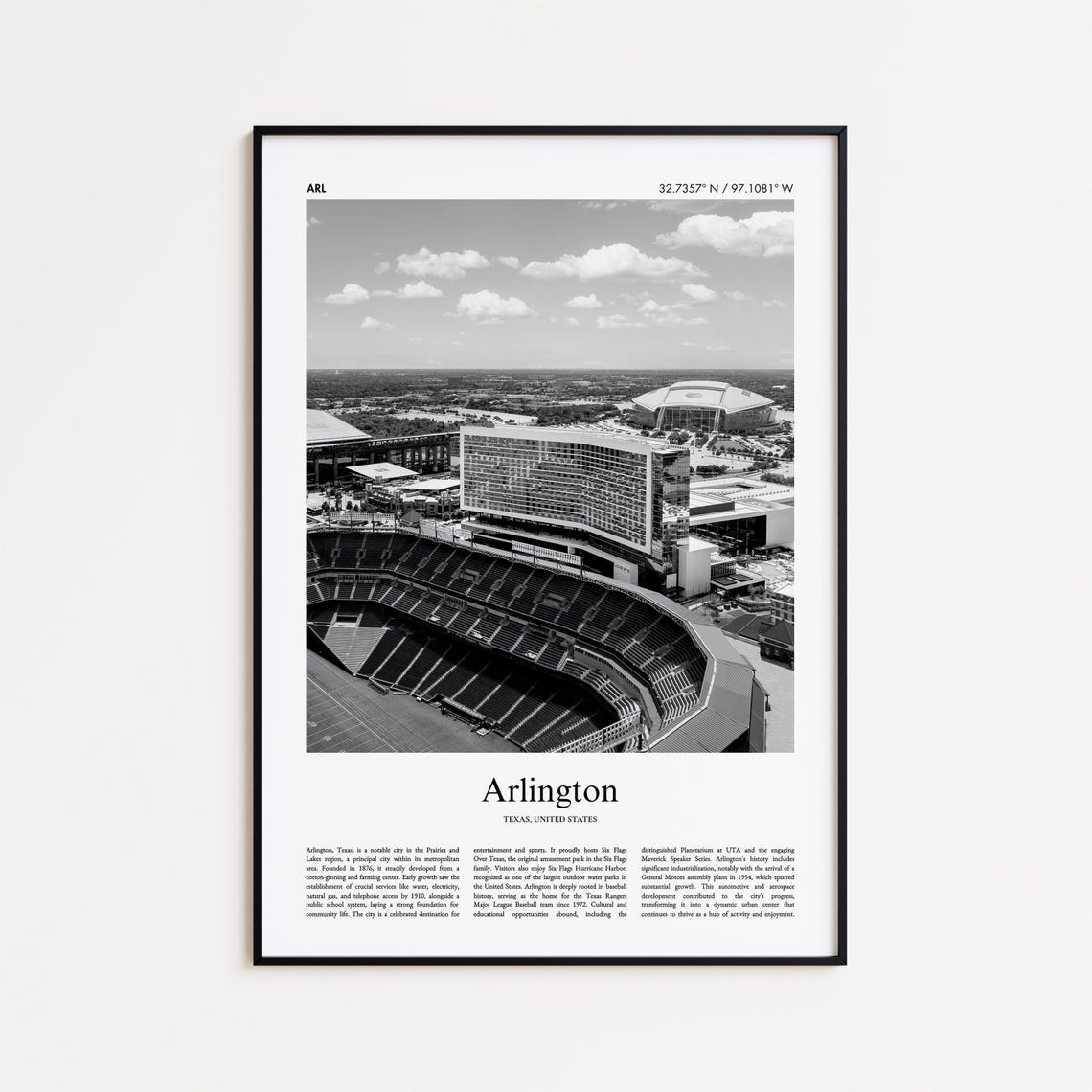 Arlington Texas Black and White Coordinates City Travel Poster