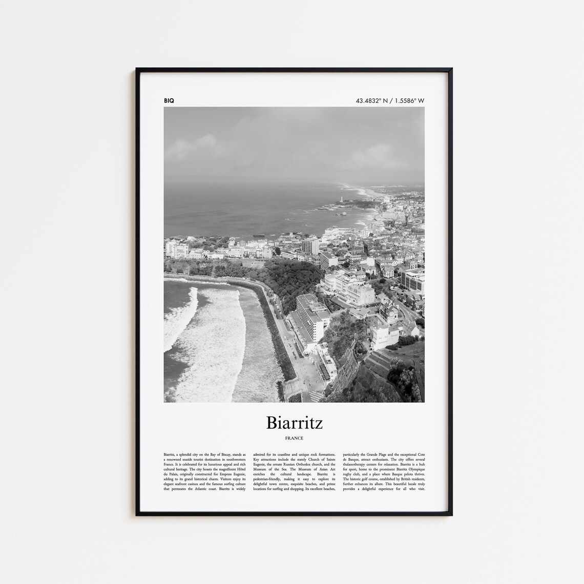Biarritz France Black White Bay of Biscay Beach Aerial Poster