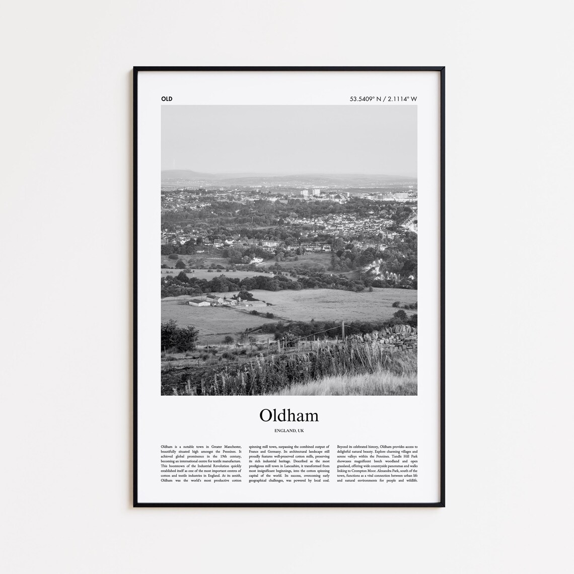 Oldham England Black and White Cityscape Photography Travel Poster